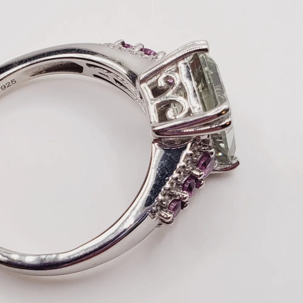 Emerald Cut Montezuma Prasiolite & Pink Tourmaline 925 Sterling Silver Ring